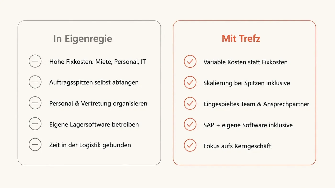 Vergleich: Logistik in Eigenregie (hohe Fixkosten, Auftragsspitzen selbst abfangen, eigenes Personal und eigene Software) gegenüber Kontraktlogistik mit Trefz (variable Kosten, Skalierung inklusive, eingespieltes Team, SAP und eigene Software, Fokus aufs Kerngeschäft).
