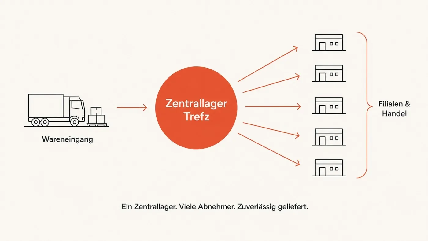 Ein Zentrallager bei Trefz nimmt Ware an und verteilt sie zuverlässig an viele Filialen und Handelspartner.