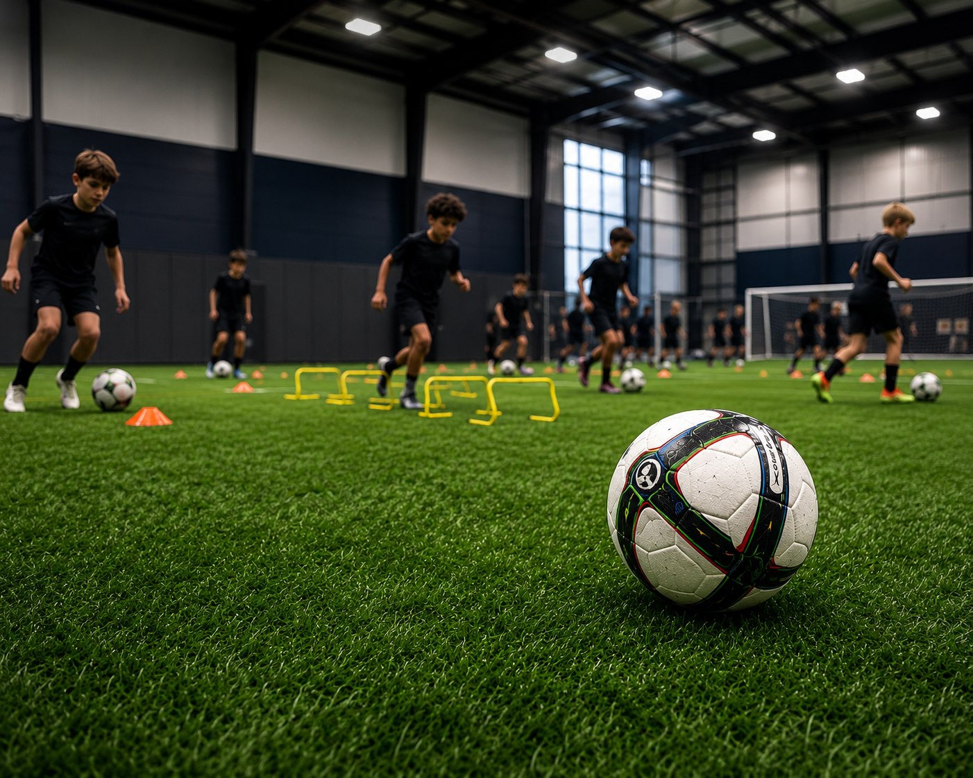 Youth athletes training on indoor turf at The Sports Academy