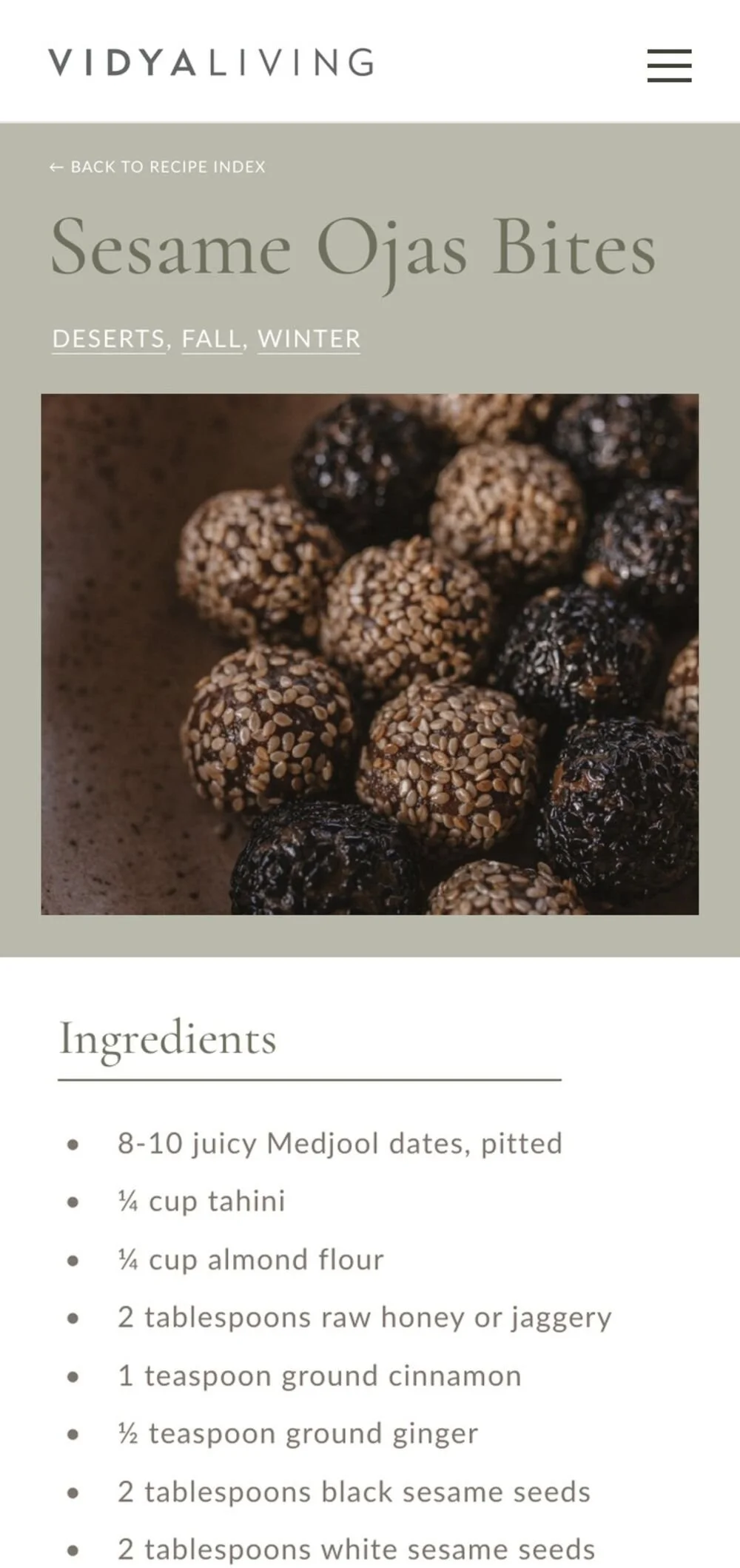 A recipe page for Sesame Ojas Bites