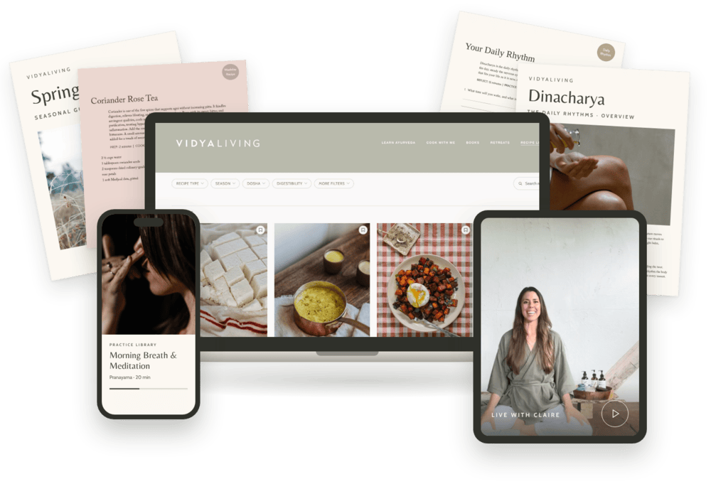 The Living Ayurveda Membership shown on a laptop, tablet and phone