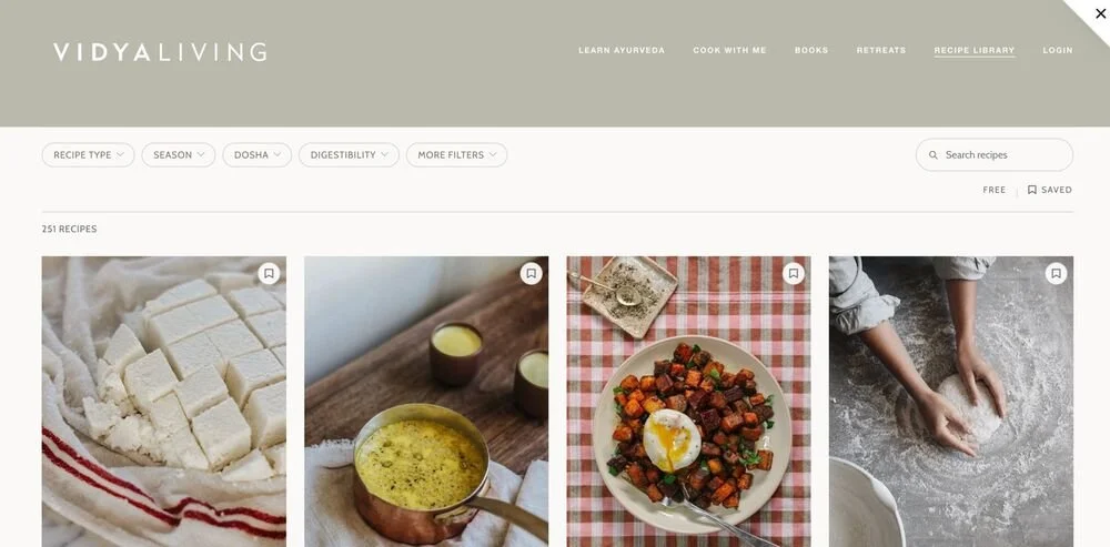 A page from the Recipe Library on vidyaliving.com