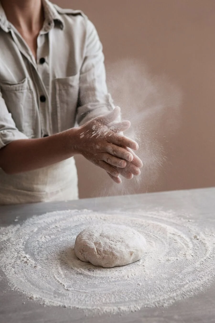 Claire working dough on a floured counter