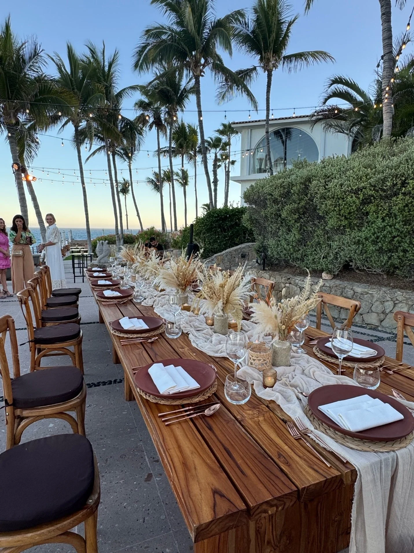 A dinner table set among palm trees beside the sea in Cabo San Lucas
