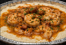 Full catering pan of shrimp and grits