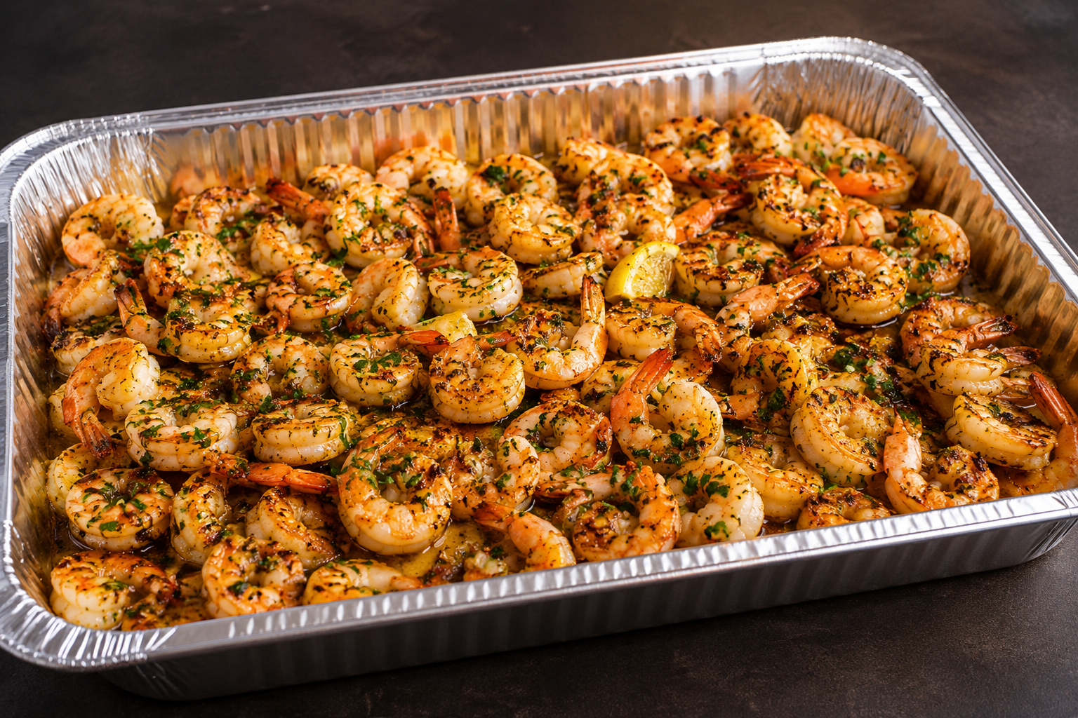 Full catering pan of Spicy Creole Lemon Garlic Cilantro Shrimp