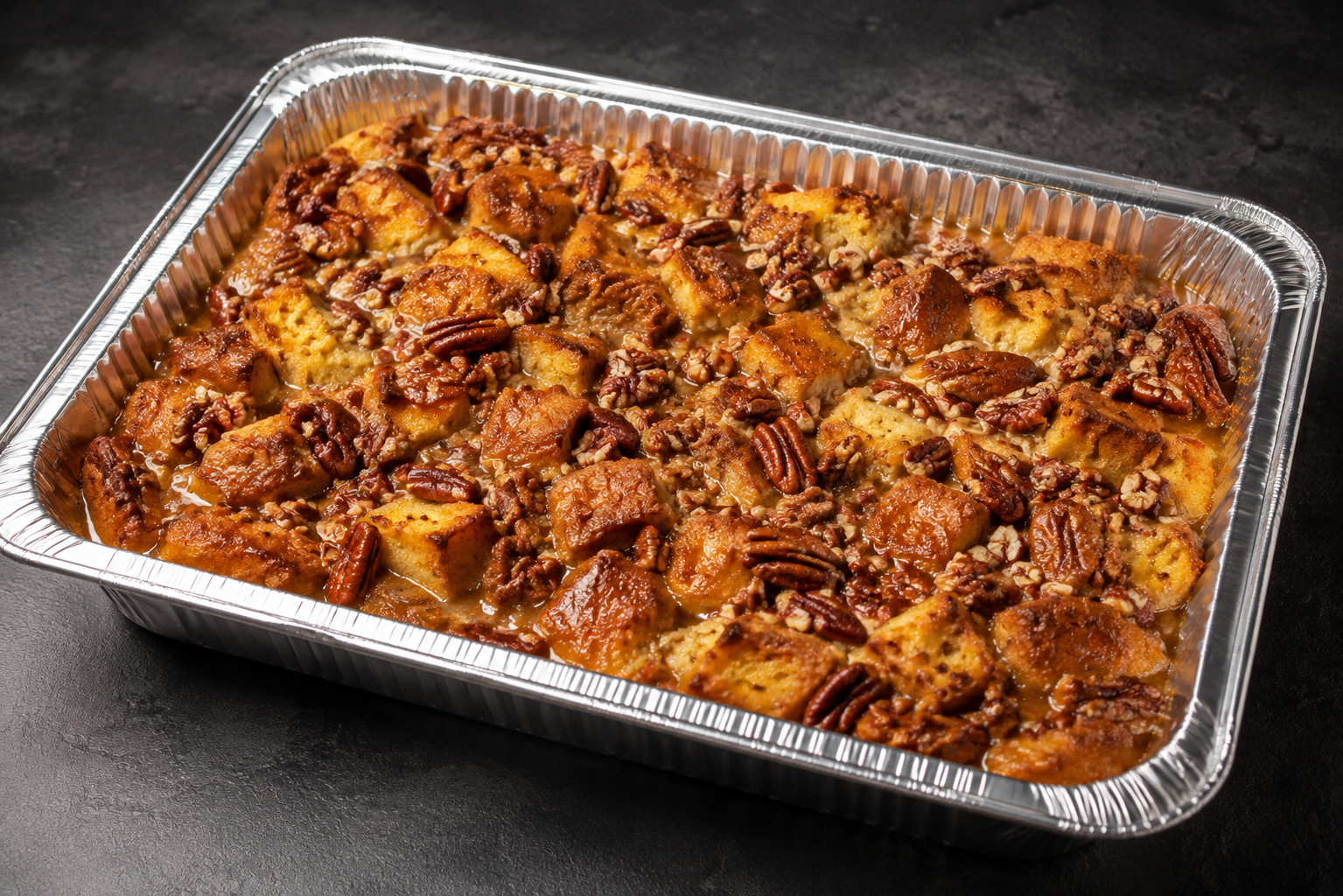 Full catering tray of Bourbon Pecan Bread Pudding