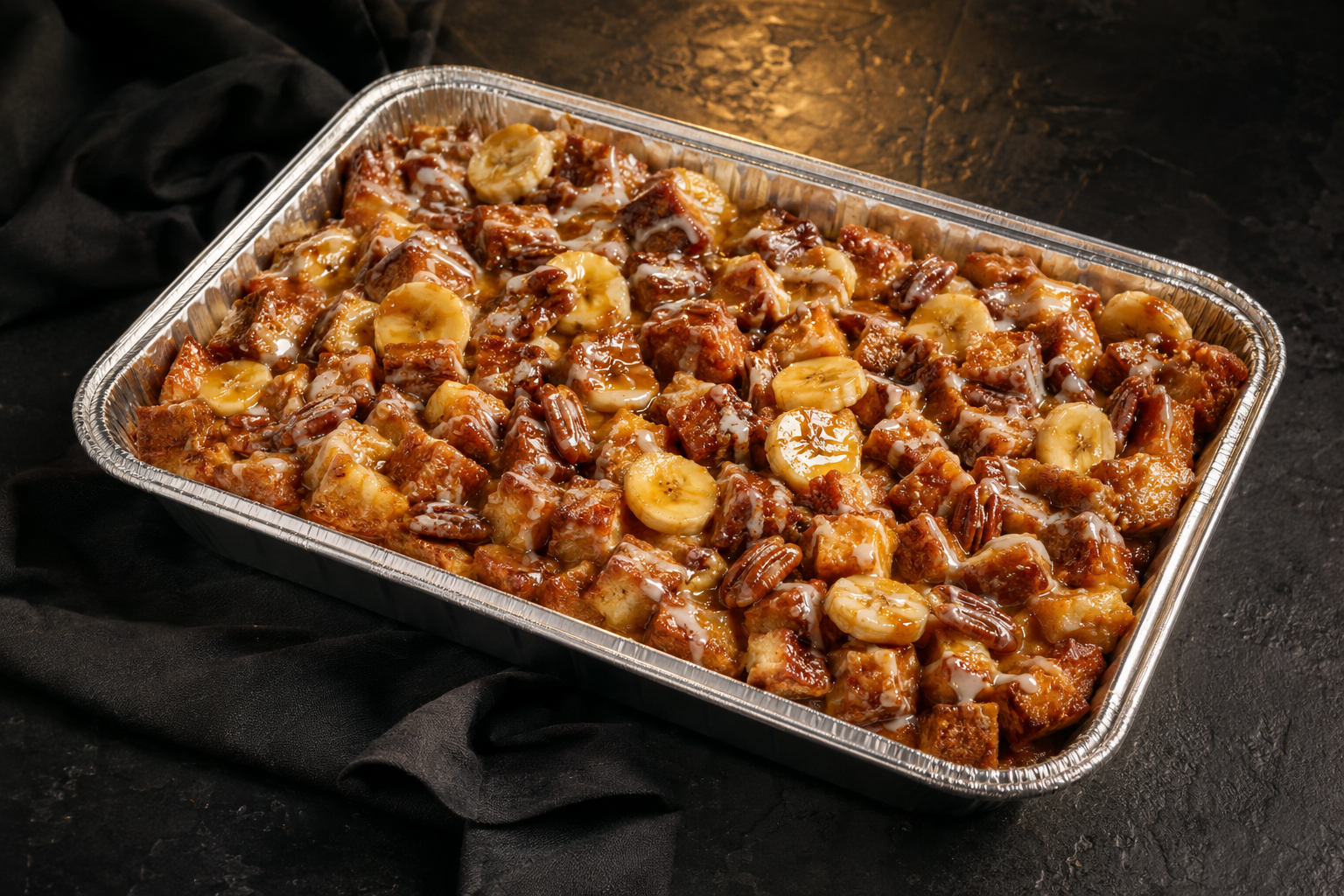 Full catering pan of banana foster bread pudding