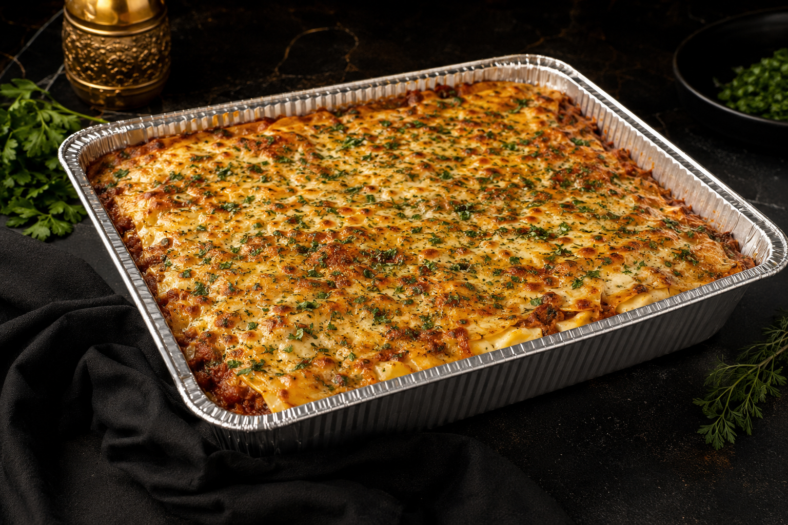 Full catering pan of Po's Creole Lasagna