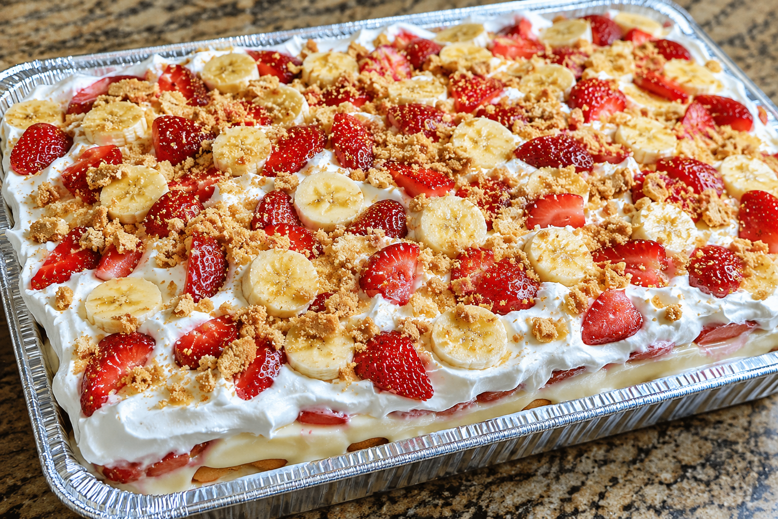 Full catering tray of strawberry banana pudding