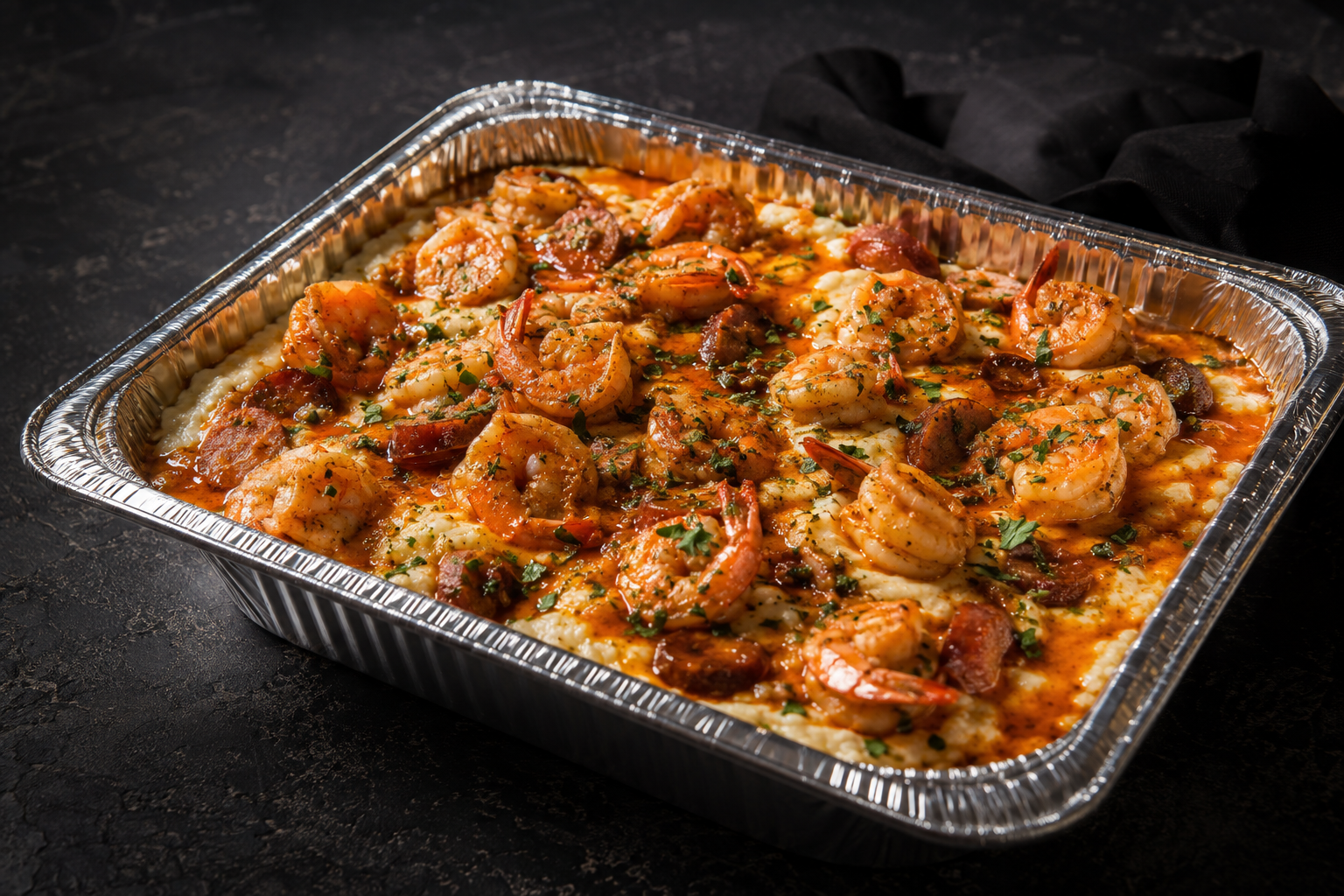 Full catering pan of shrimp and grits