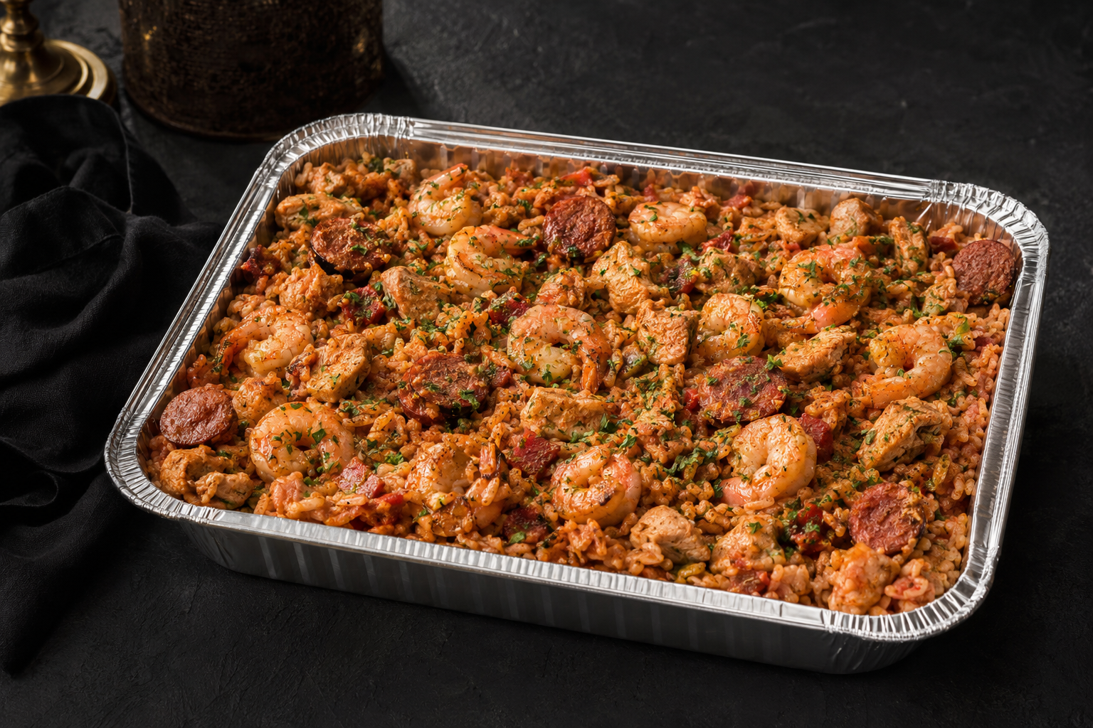 Full catering pan of jambalaya