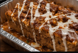 Full catering pan of banana foster bread pudding