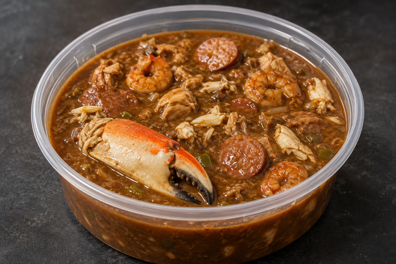 Quart container of Po's seafood gumbo