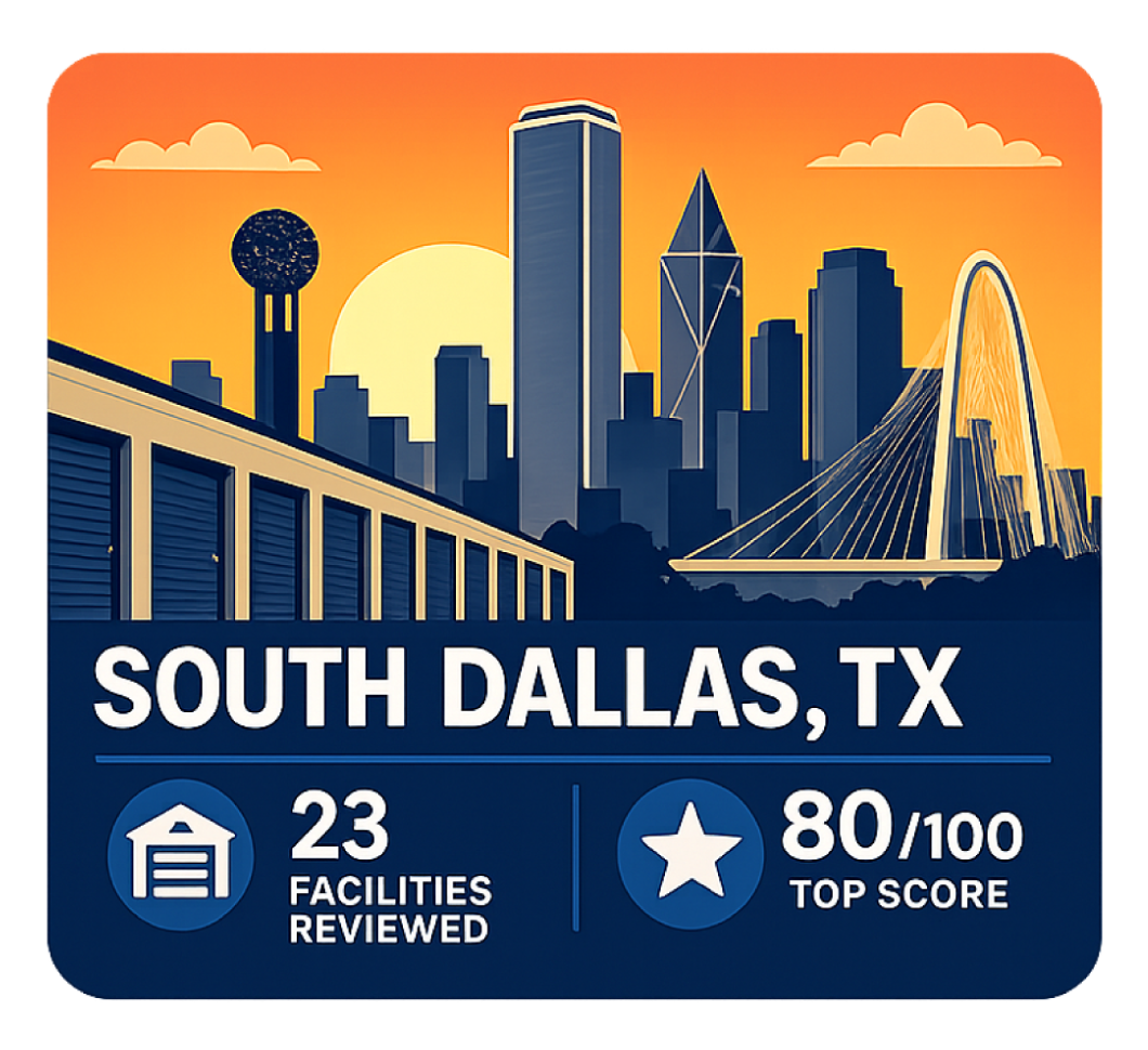 South Dallas, TX RV storage ranking graphic showing 23 facilities reviewed and a top score of 80 out of 100