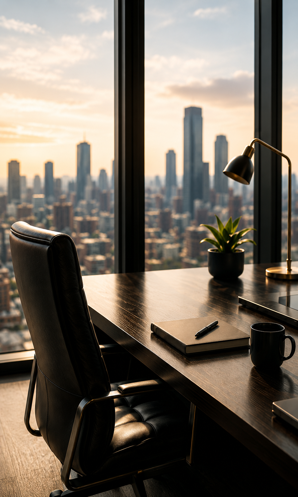 Executive office desk with leather chair overlooking a city skyline at golden hour