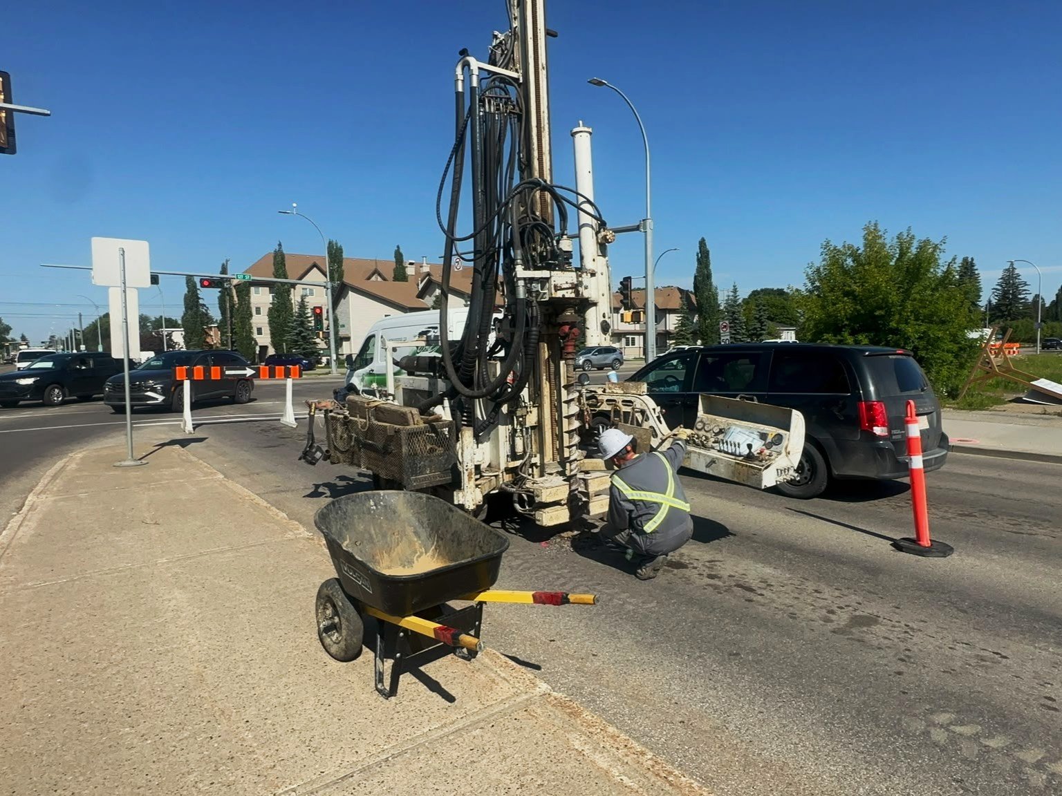 Heavy machinery operating at an active traffic management work zone