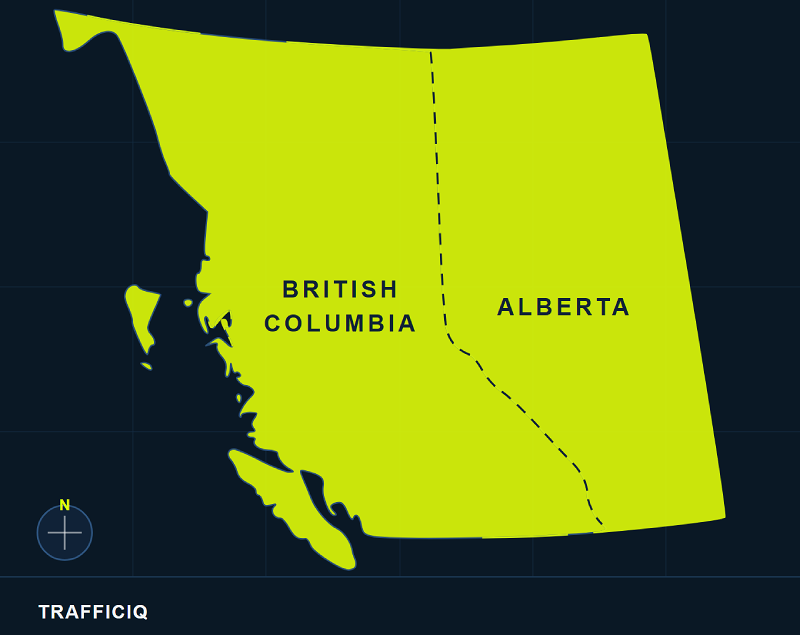 Map of Alberta and British Columbia, Canada.