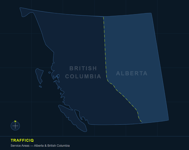 Map of Alberta and British Columbia, Canada.