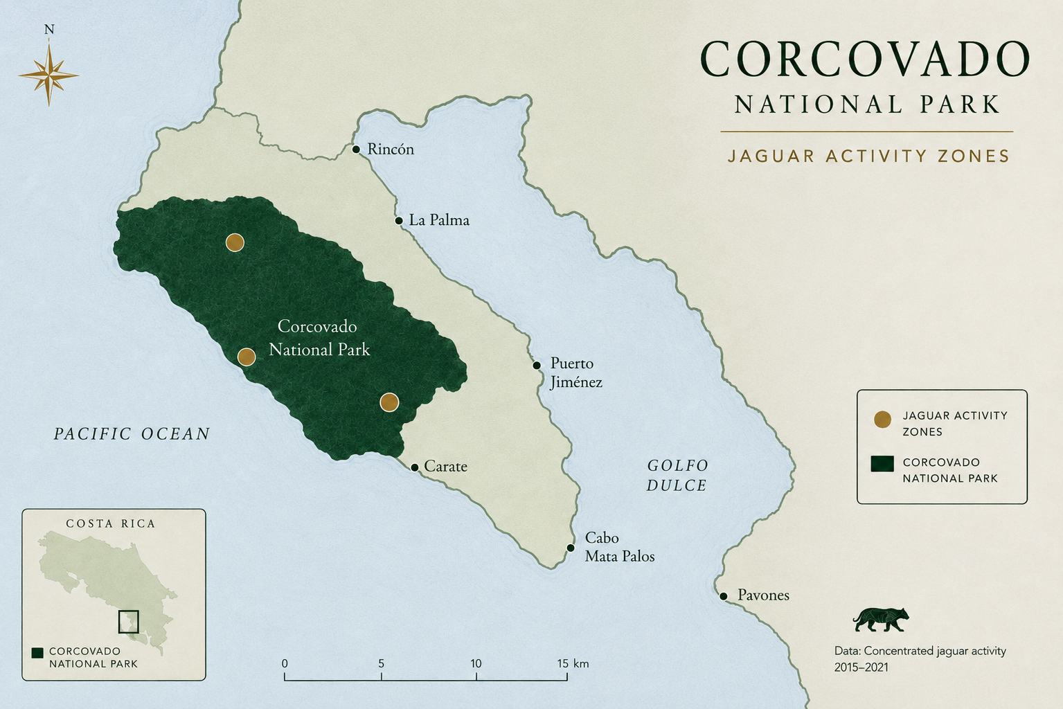 Map of Corcovado National Park showing the three zones of concentrated jaguar activity