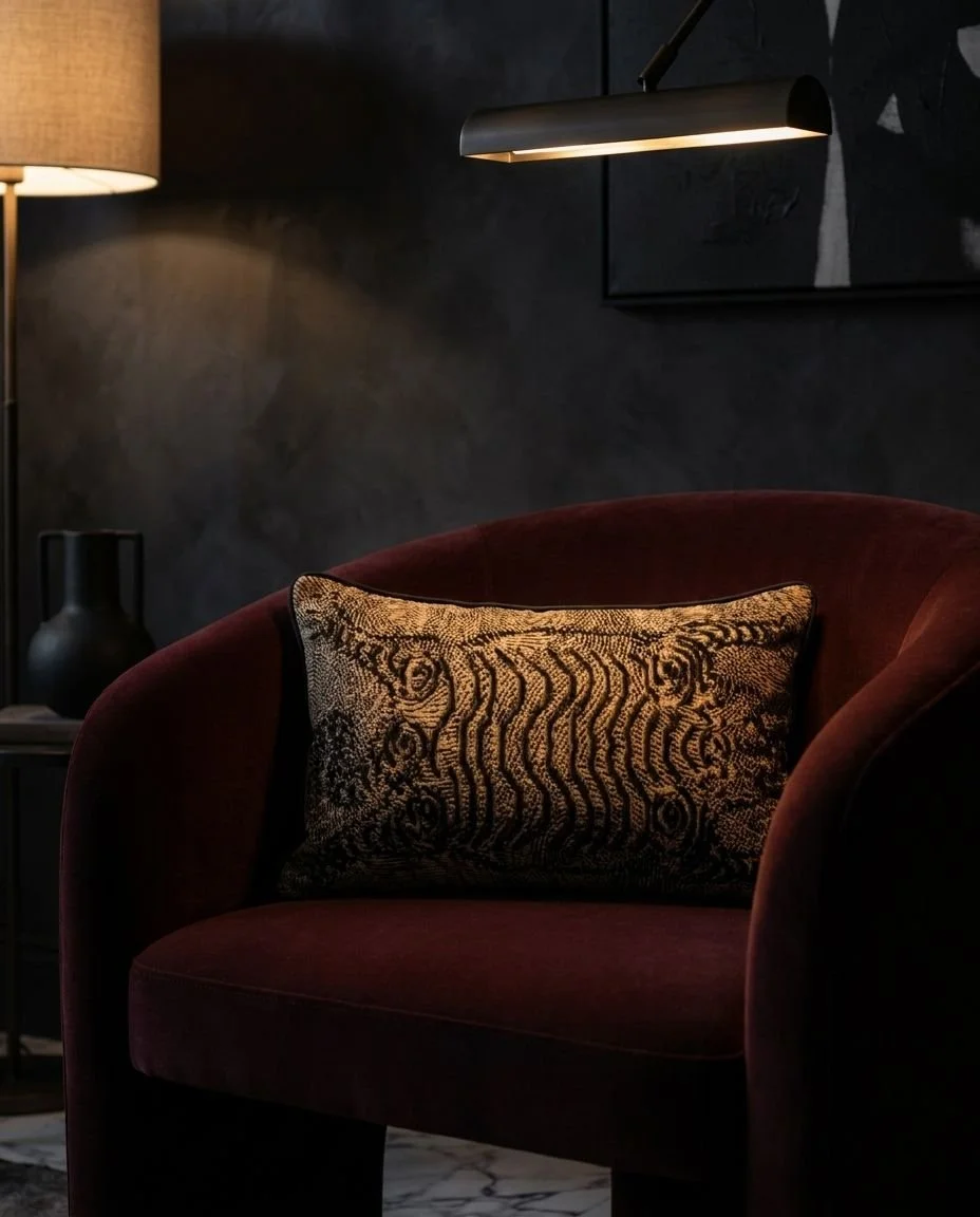 Bengala cushion — Golden Tiger (lumbar) styled on burgundy chair