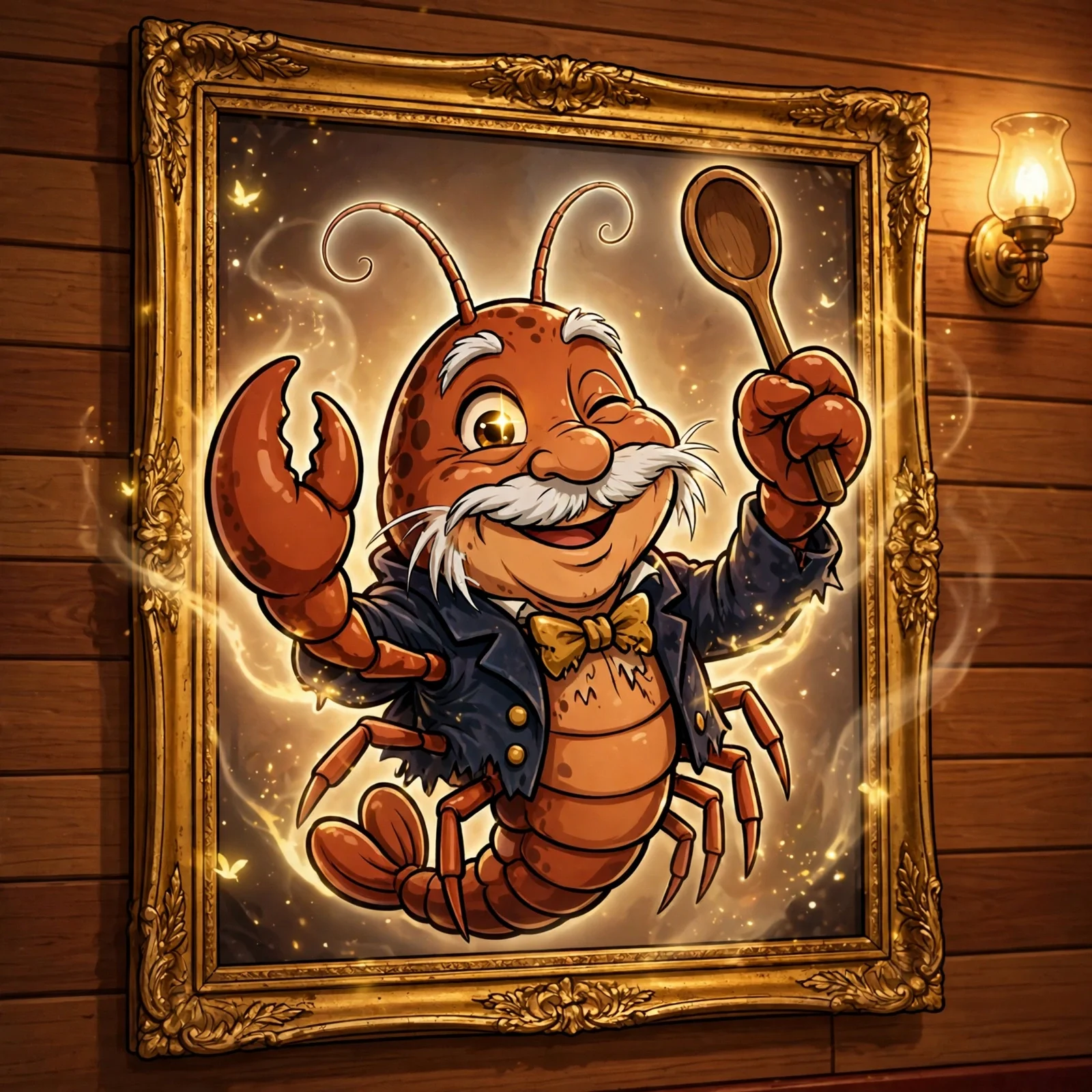 Old Man Mudbug, a moustached crawfish holding a spoon as he steps from a golden frame, from The Mudbug Diner