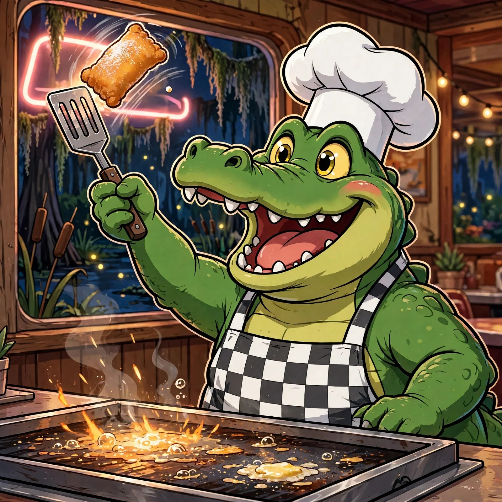 Big Al, a smiling alligator chef flipping food at the bayou diner grill, from The Mudbug Diner
