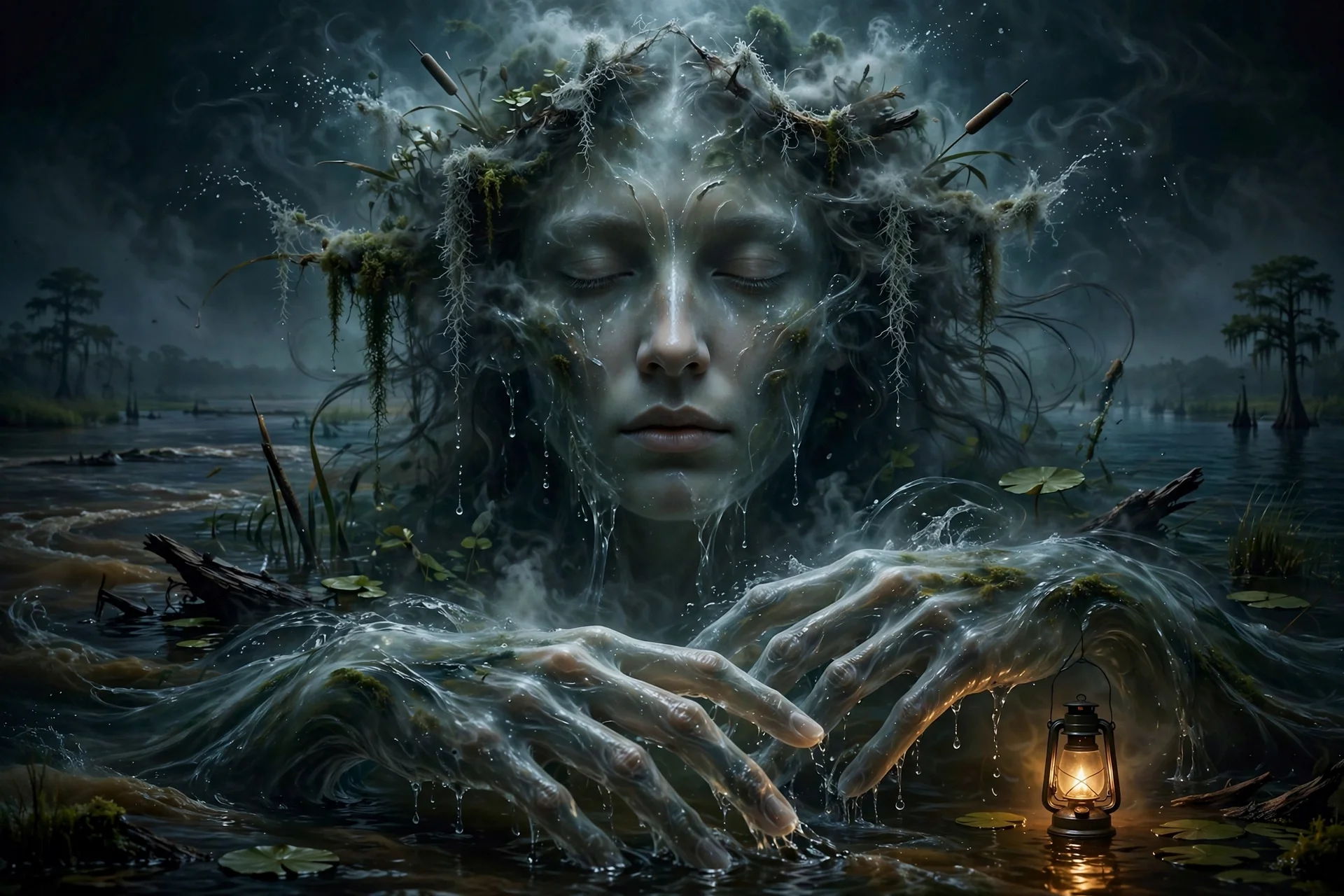 The Gulf Mother, a river spirit crowned with roots and moss at the mouth of the Mississippi, from The River Keeps
