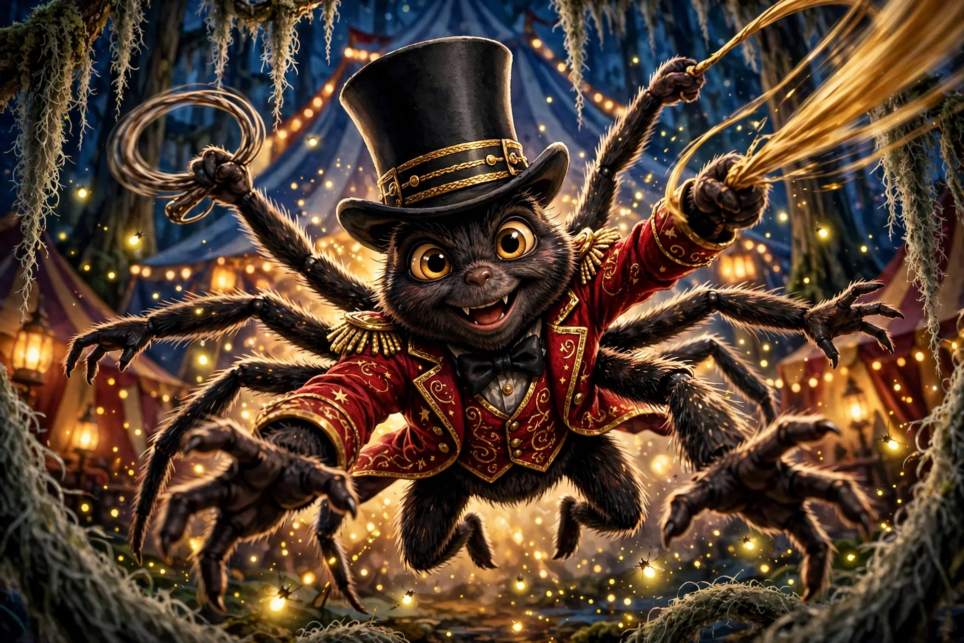 Silas Ringmaster, a jubilant spider in a top hat and red coat amid golden fireflies, from Firefly Circus