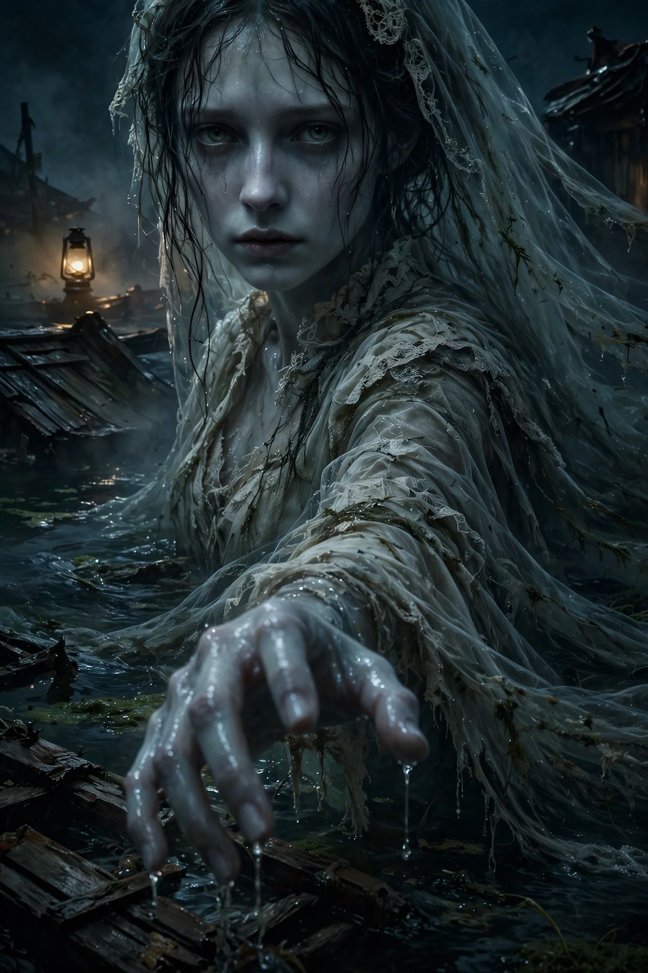 The Flood Bride, a pale river spirit reaching from a misty flooded woodland, from The River Keeps