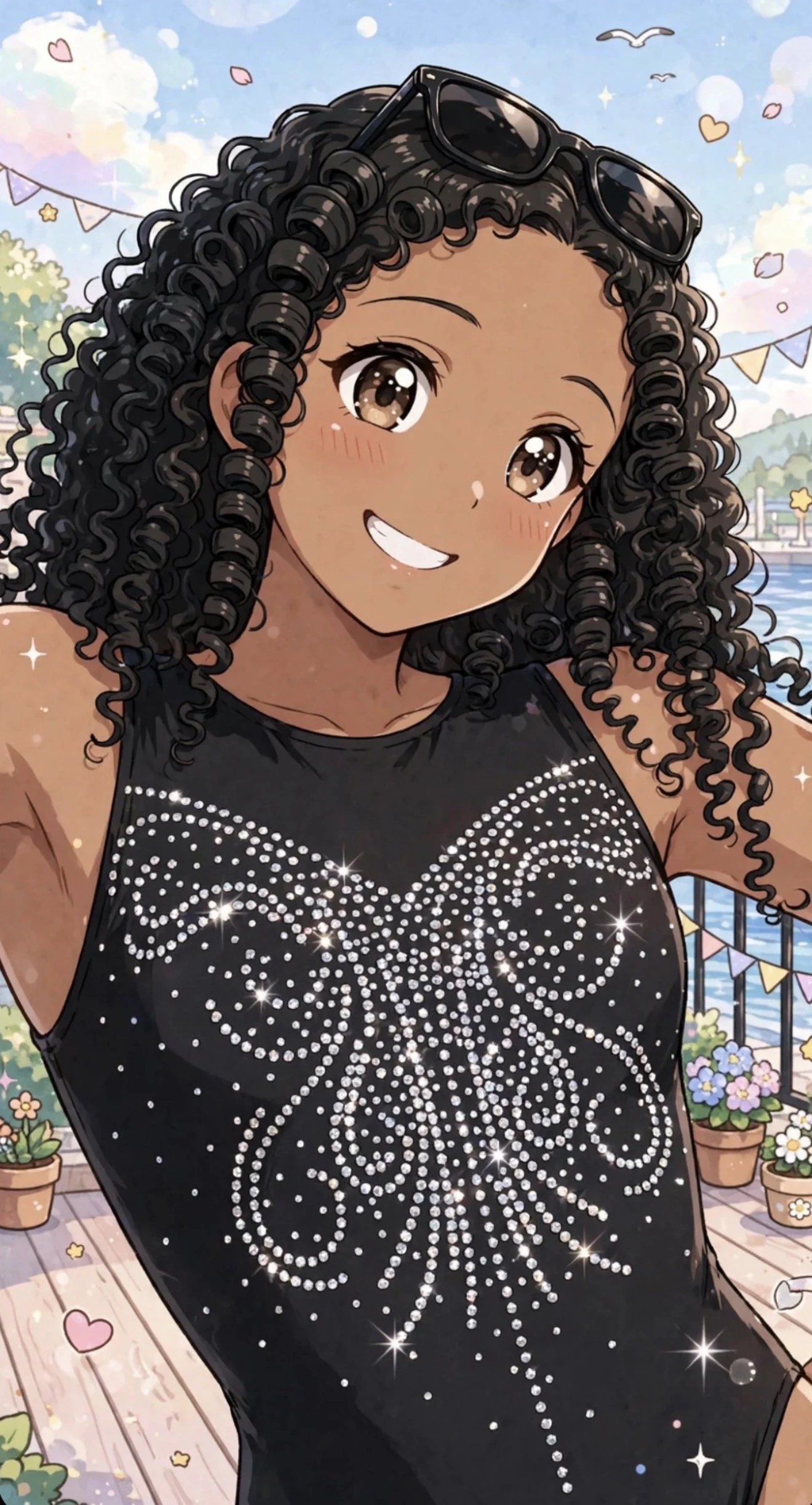 Starlie beside the harbor in a black butterfly rhinestone top, a Wonderlight Diaries preview