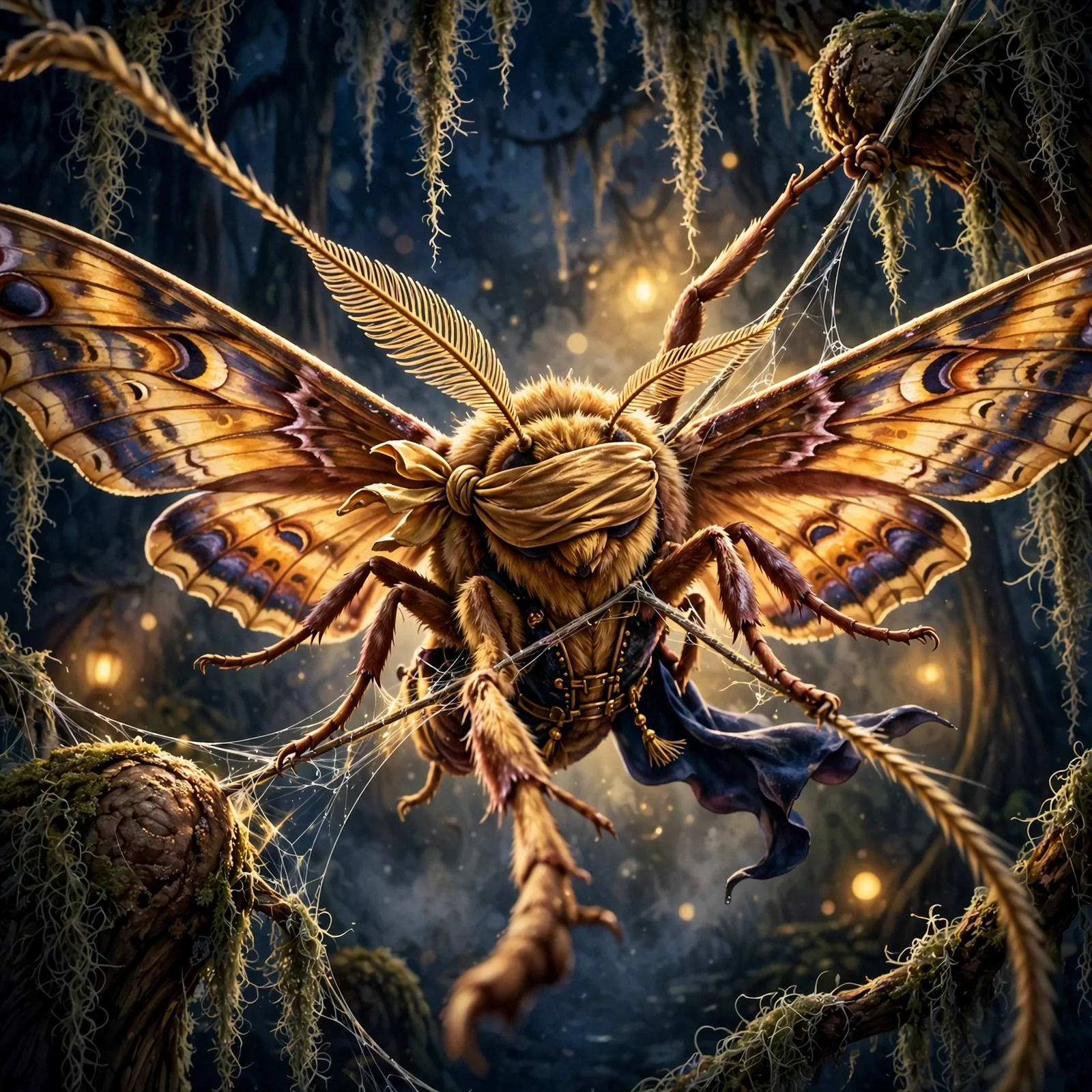 Madame Moth with patterned golden wings and a blindfold on a woodland tightrope, from Firefly Circus