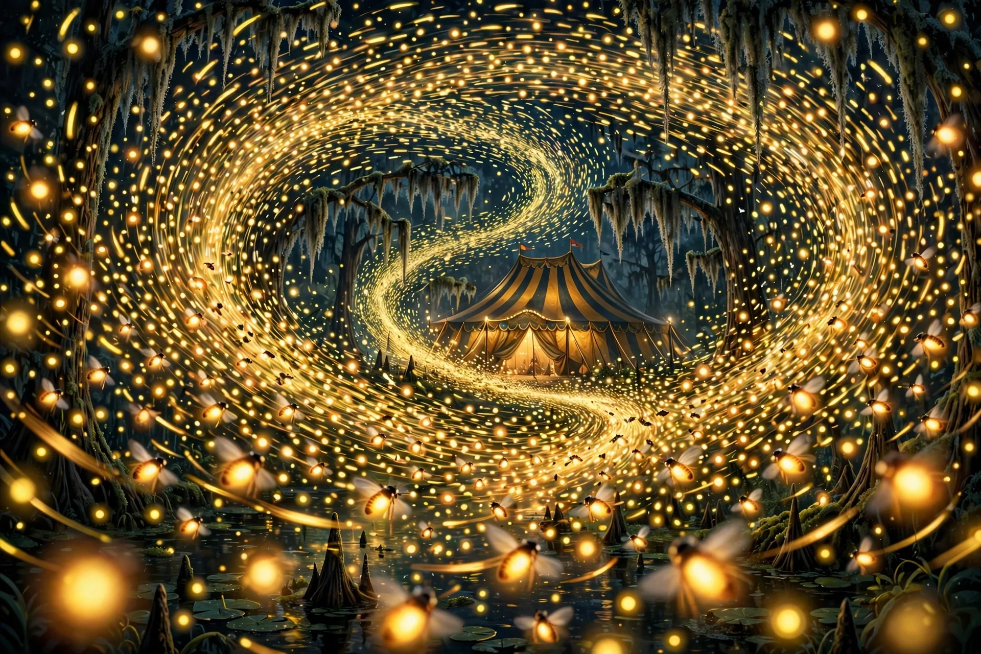 A swirling constellation of golden fireflies above a circus tent in the swamp, from Firefly Circus