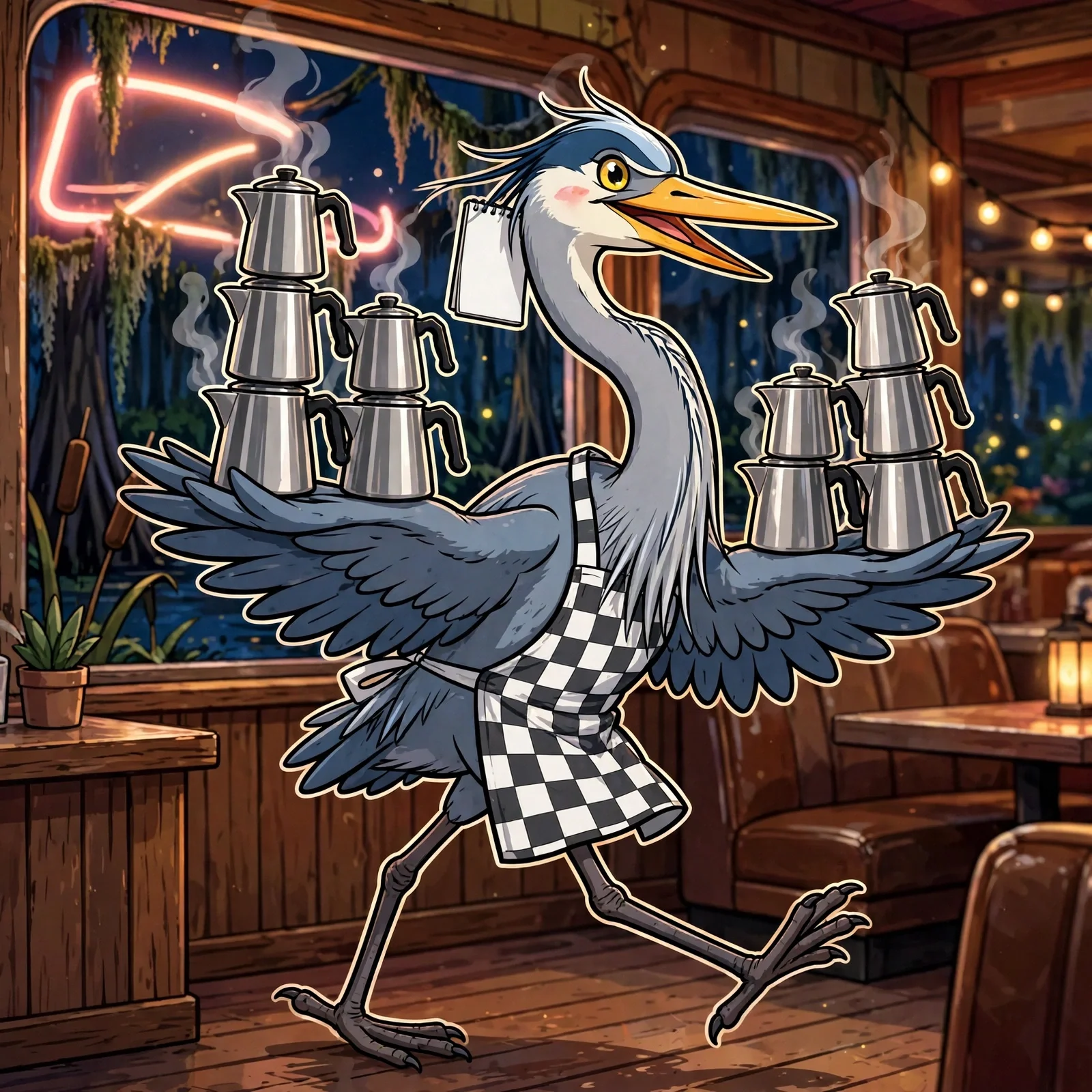 Willa, a cheerful heron server balancing stacks of mugs in a warm diner, from The Mudbug Diner
