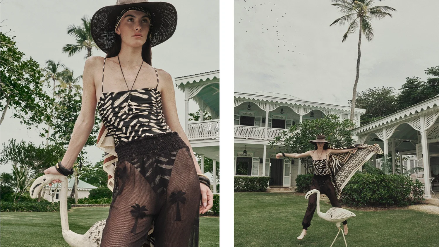Retoque editorial de moda — Johanna Ortíz con estampado geométrico en jardín tropical, Jossilab