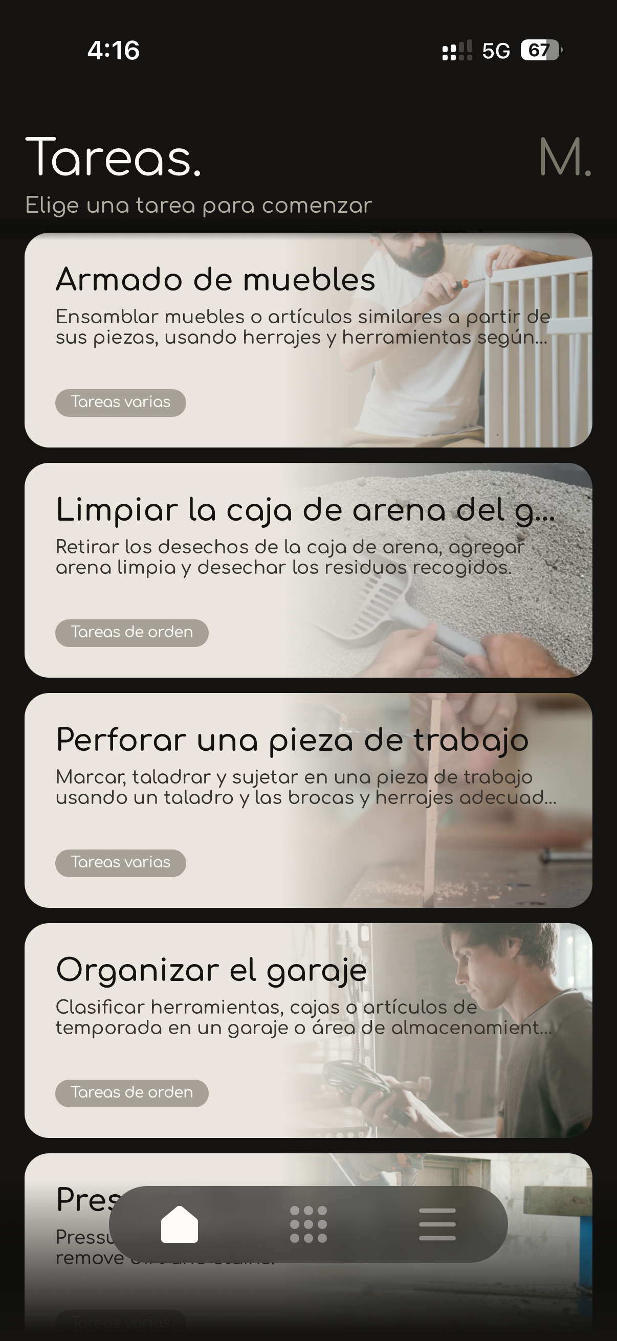 Catálogo de Tareas en la App