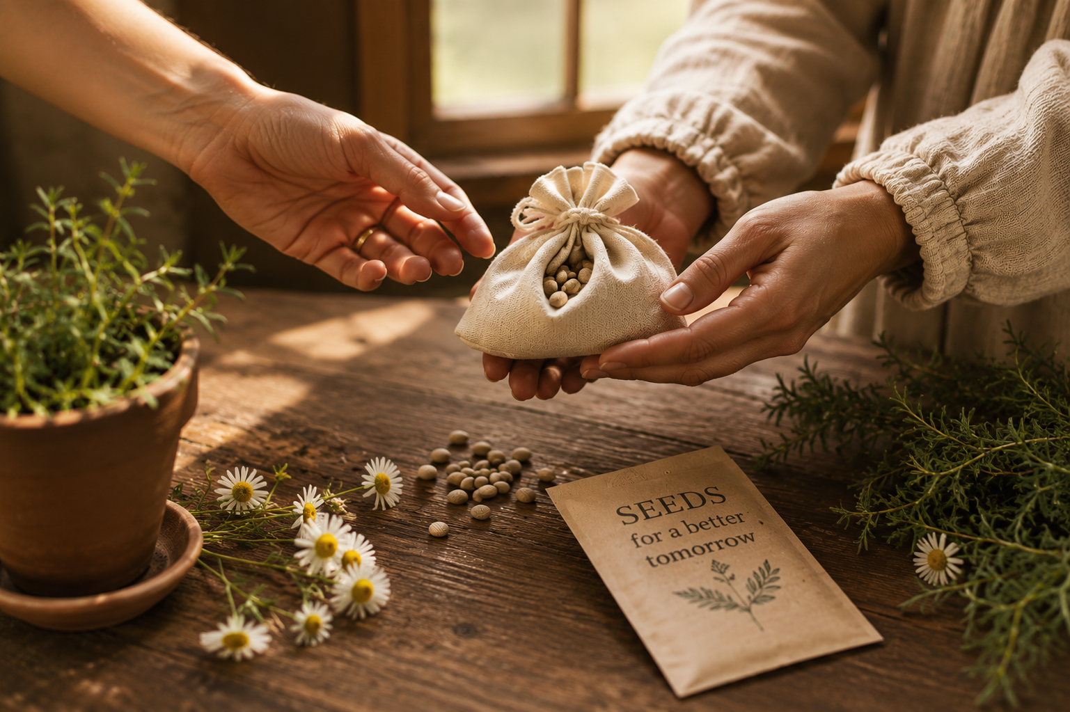 Hands giving a small bag of seeds