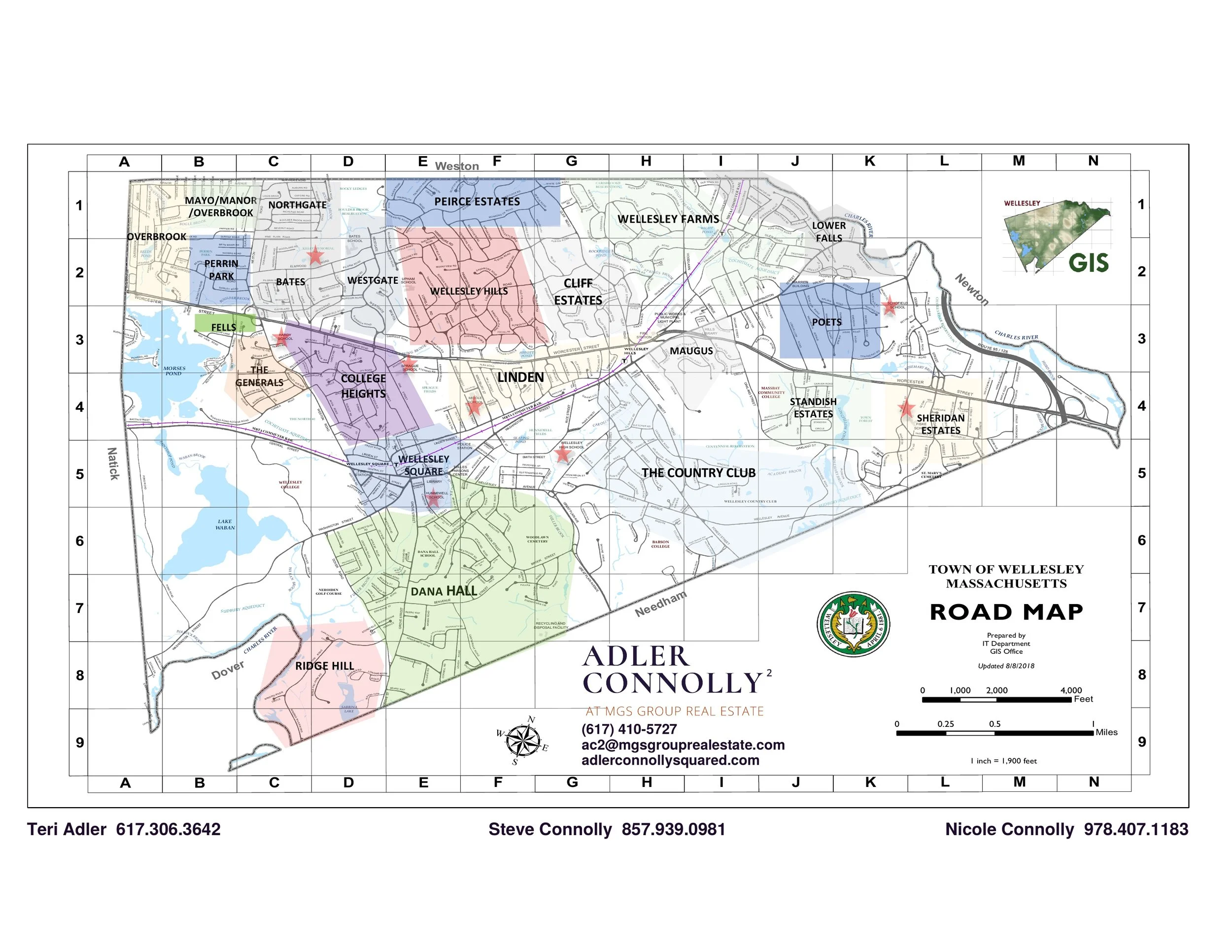 Town of Wellesley road map showing all 23 named neighborhoods, prepared by Adler Connolly² at MGS Group Real Estate