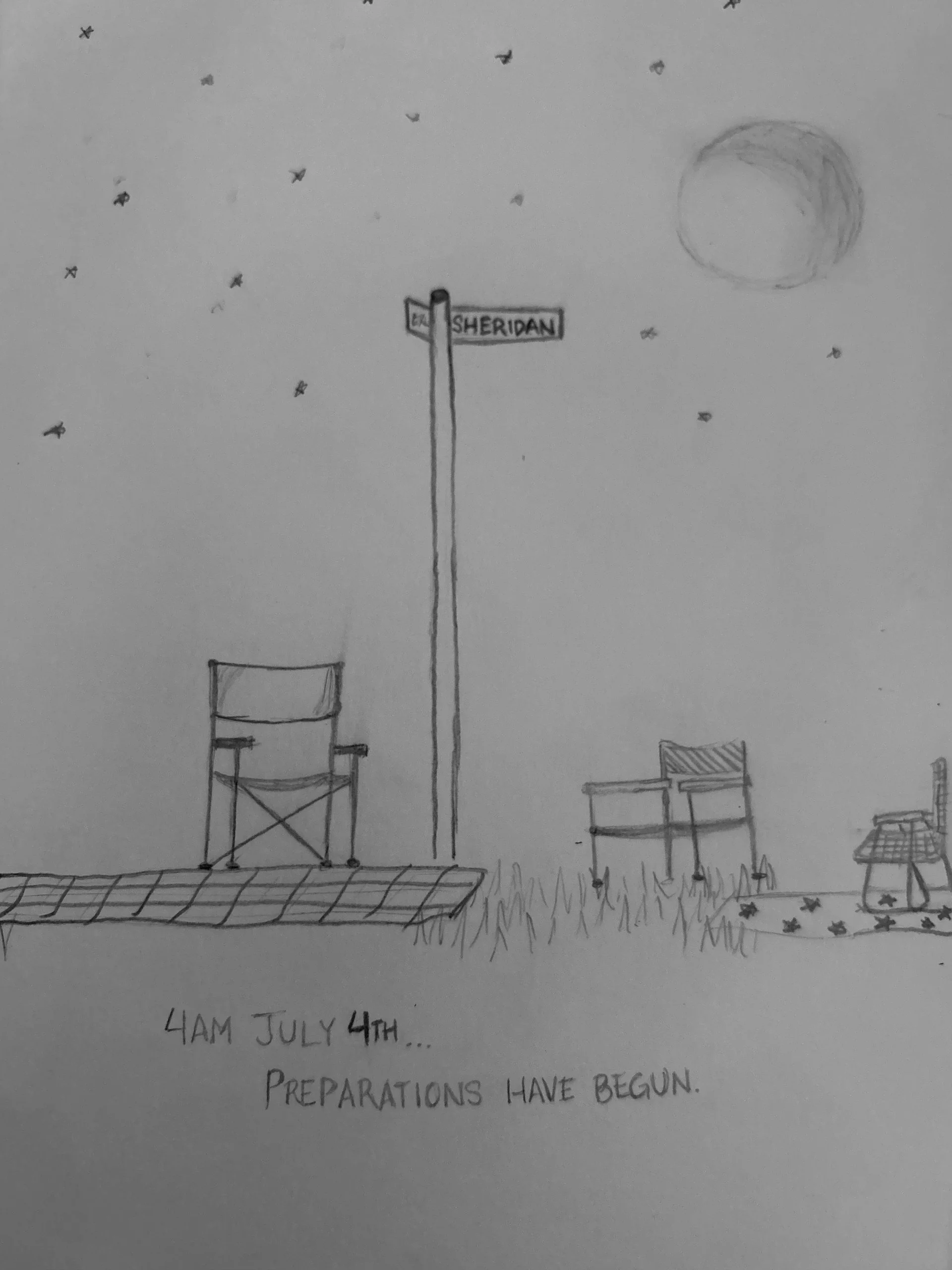 Chairs reserve places along Sheridan under the moon. Caption: 4 AM July 4th… Preparations have begun.