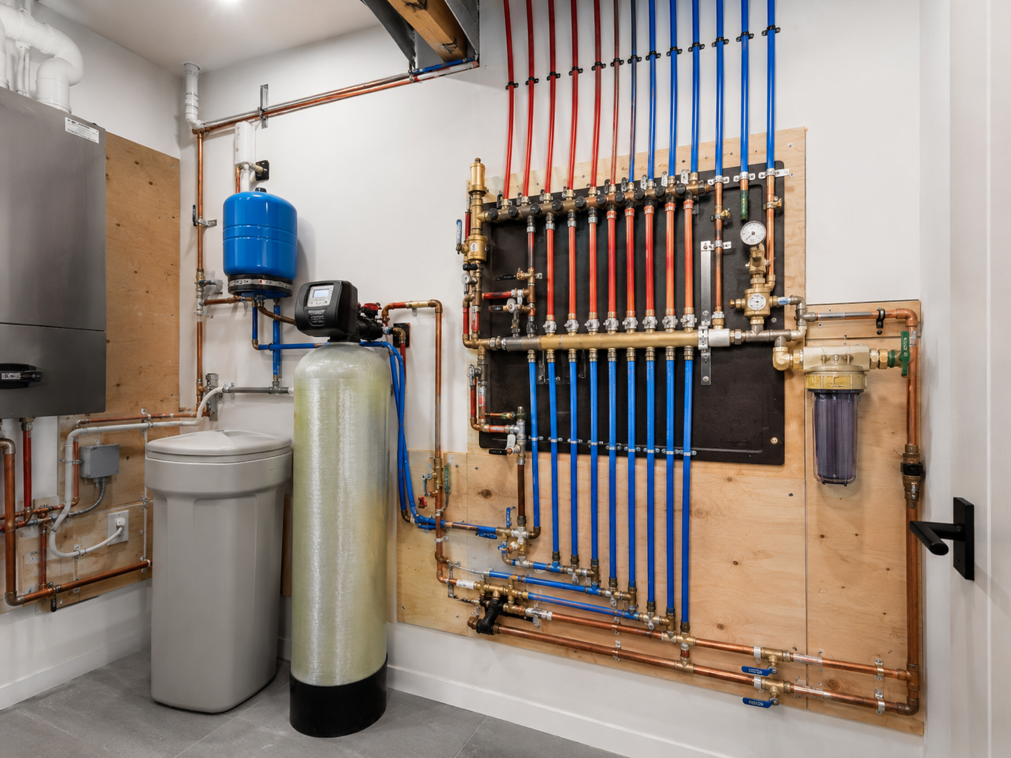 Seal Plumbing mechanical room with manifold and water treatment