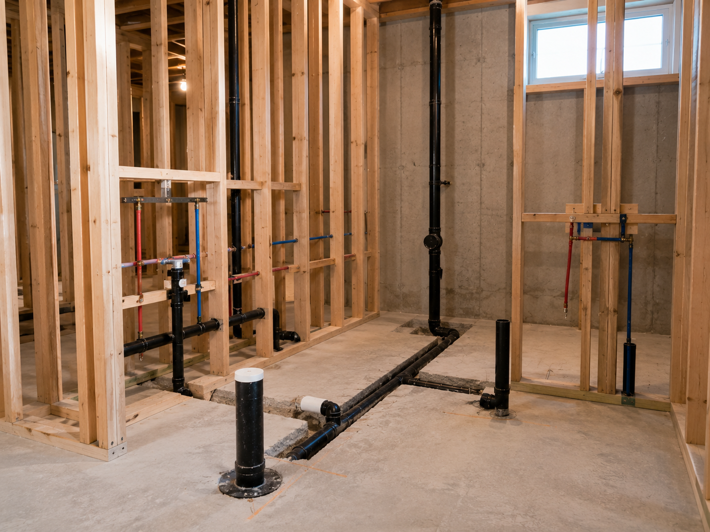 Seal Plumbing below-grade drainage rough-in in a framed basement bathroom