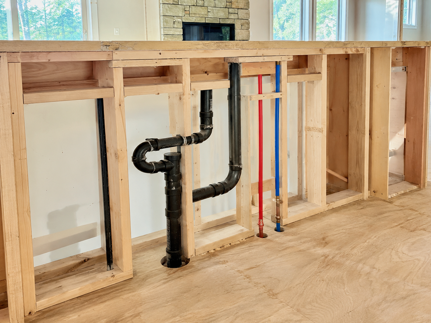 Seal Plumbing kitchen island drain and supply rough-in