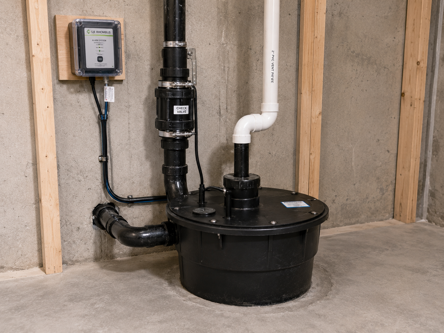Seal Plumbing sewage ejector system installed in a basement