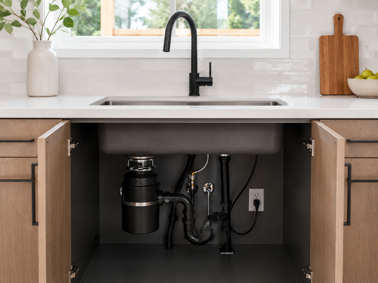 Seal Plumbing finished kitchen sink and disposal hookup