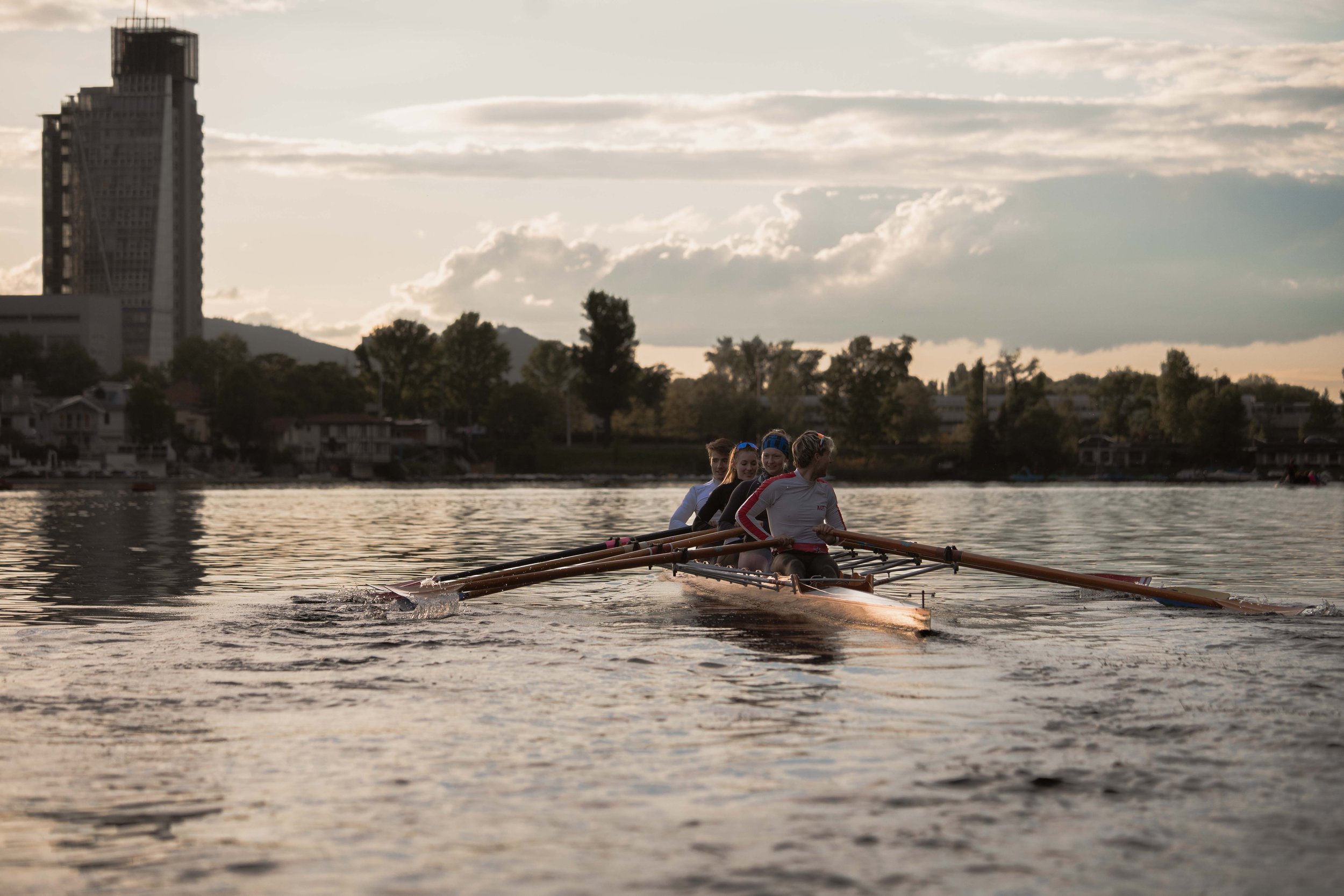 Ruderboot aus der Vogelperspektive auf der Alten Donau