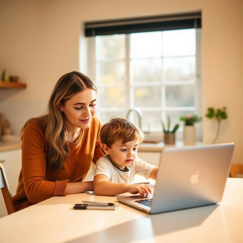 Parent helping child with an online assessment on a laptop