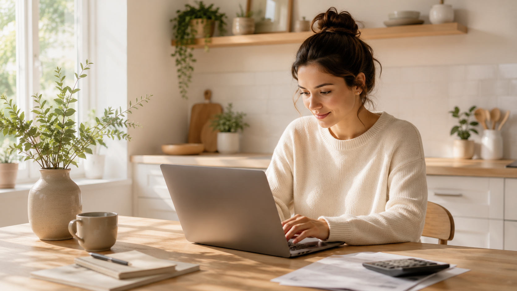 Person working on a laptop at a kitchen table