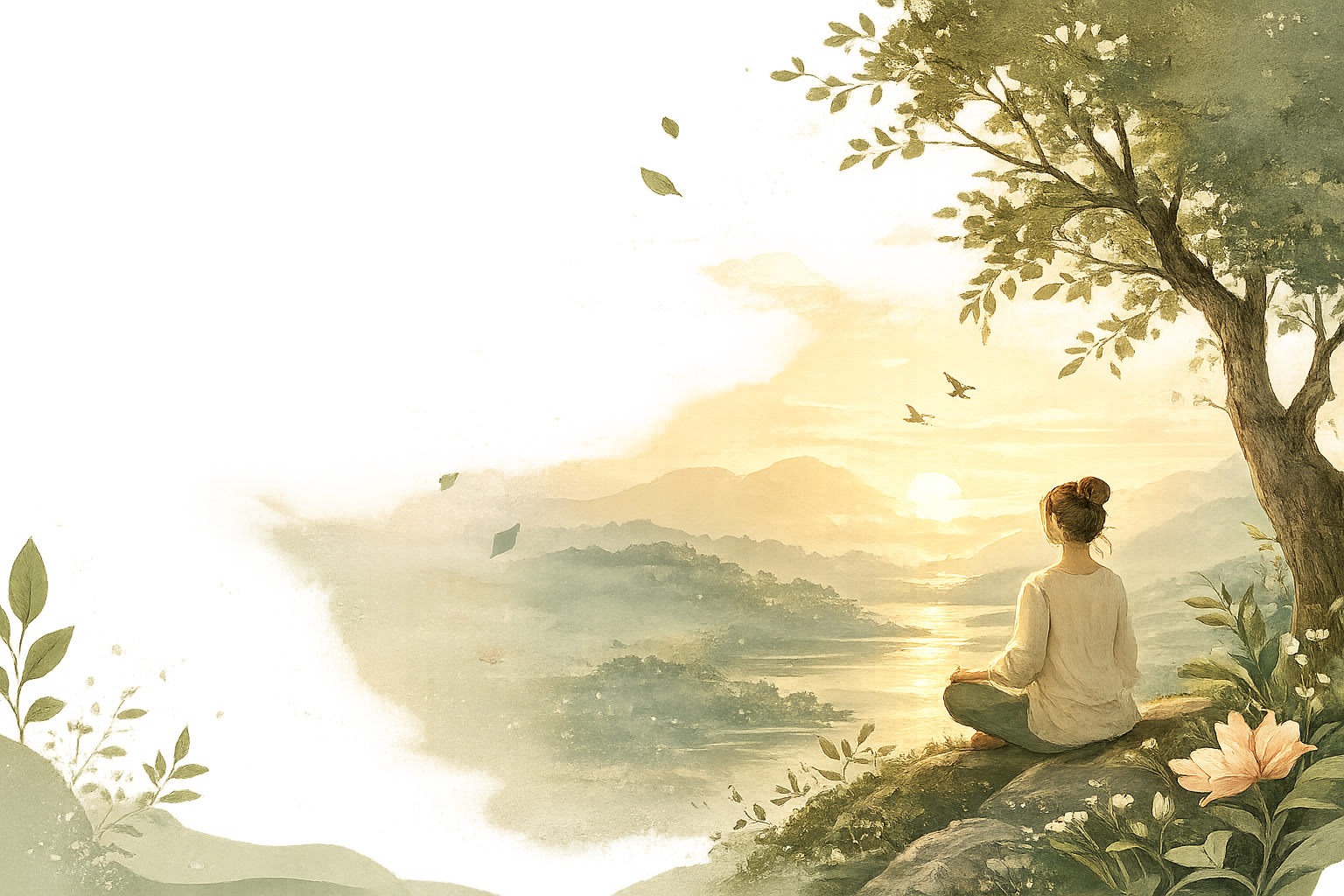 A person sitting peacefully under a tree at sunrise, overlooking mountains and a lake