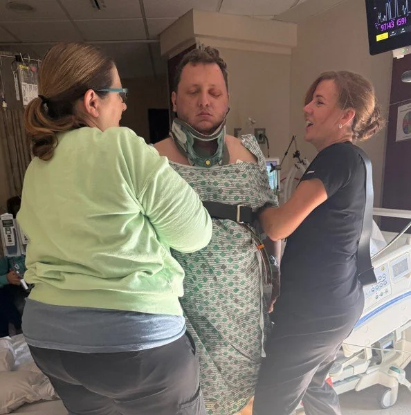 Jarod Hare receiving hospital care during his recovery after the accident
