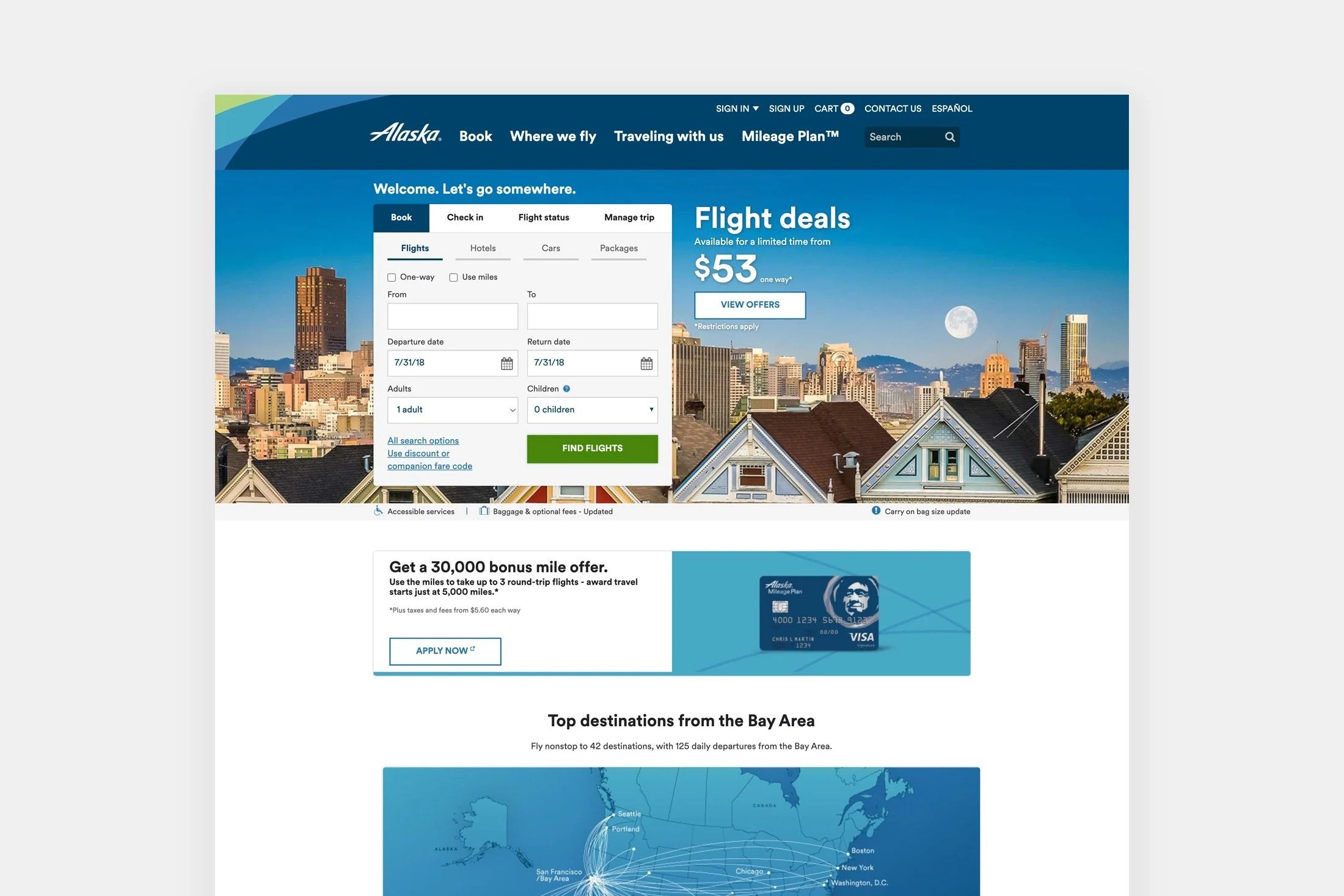 Alaska Airlines homepage before redesign, 2019